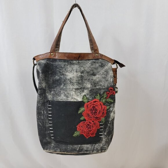 Mona B Canvas Tote with Rose Embroidery – Rustic Boho Bag with Dual Carry Option - Picture 2 of 10